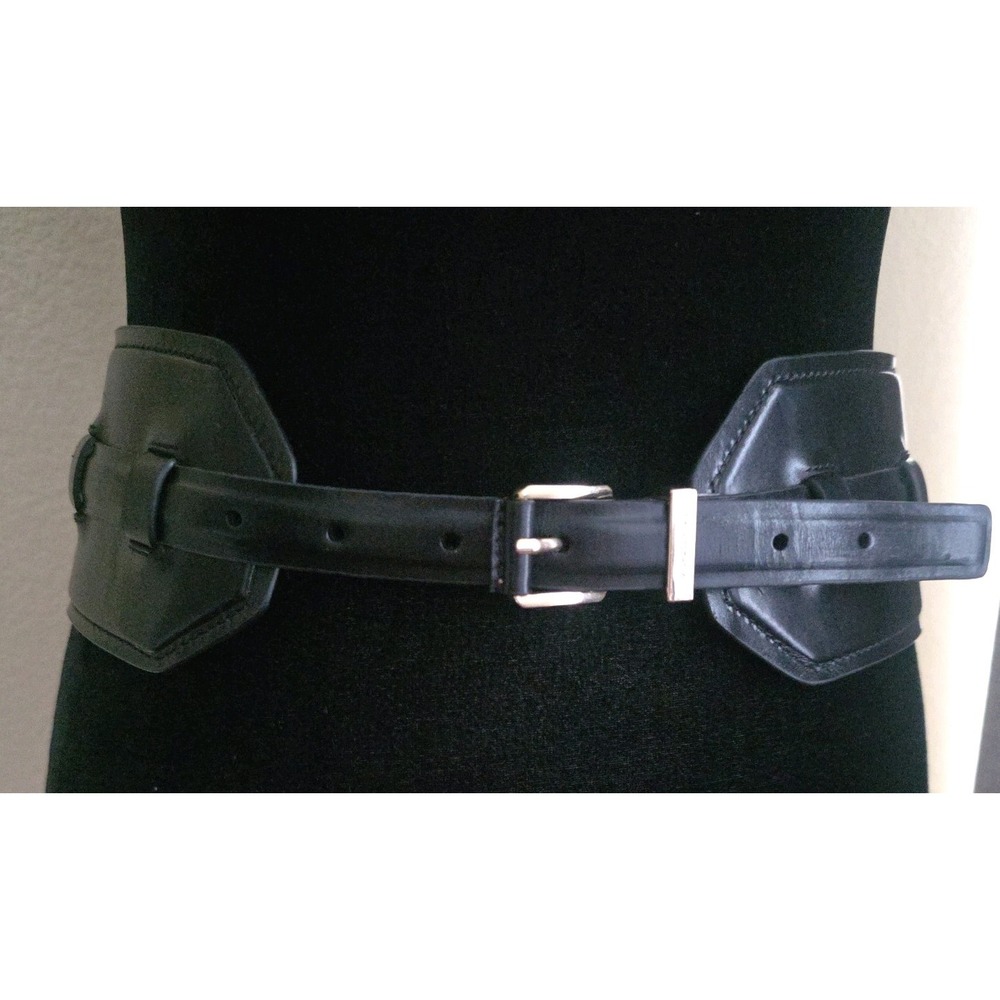 NWOT Michael Kors Wide Black Genuine Leather Corset Waist Belt Buckle Cinch Med